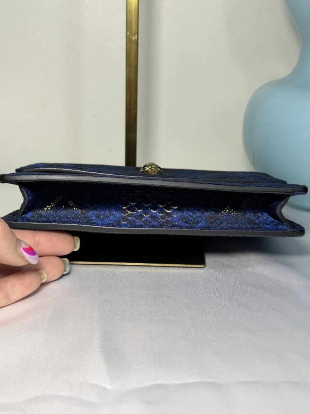 Kurt Geiger Navy Blue Velvet Snake-Embossed Crossbody with Gold Tone Accent